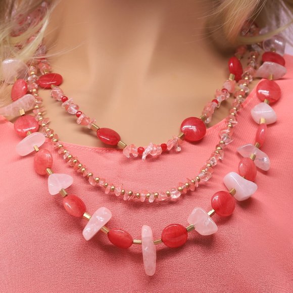 🆕 Three strand necklace with Rose Quartz , Rubies, and Strawberry Quartz . - Picture 2 of 8